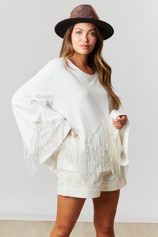 French Terry Top With Zigzag Sequin Fringe White