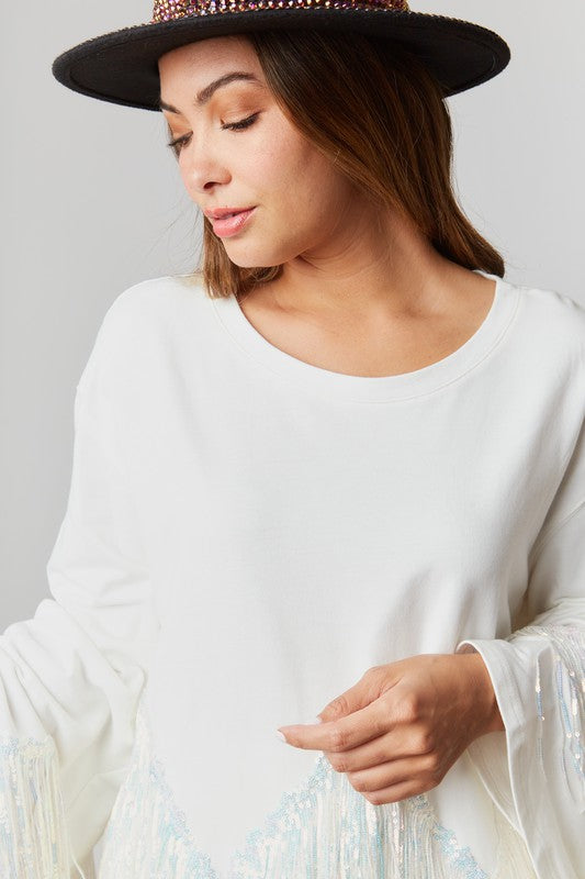 French Terry Top With Zigzag Sequin Fringe White