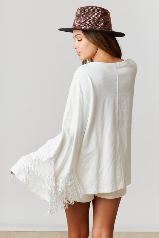 French Terry Top With Zigzag Sequin Fringe White
