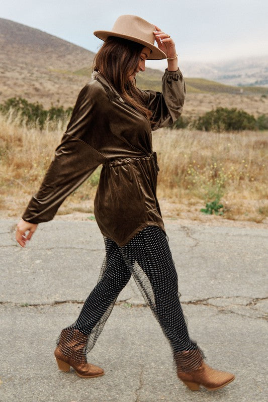 Velvet Button Up Tunic Top Pullman Green