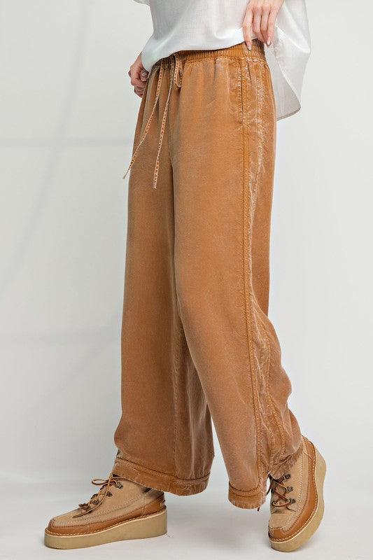 Mineral Washed Soft Twill Wide Leg Pants Camel