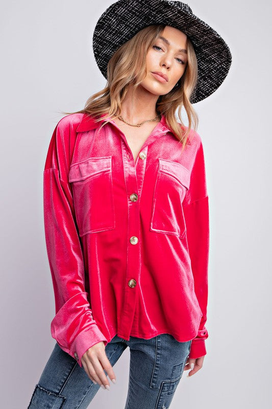 Button Down Loose Fit Velvet Top Hot Pink