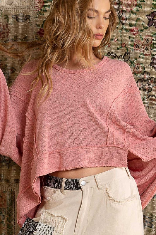 Balloon Sleeve Hooded Knit Top Rose Pink