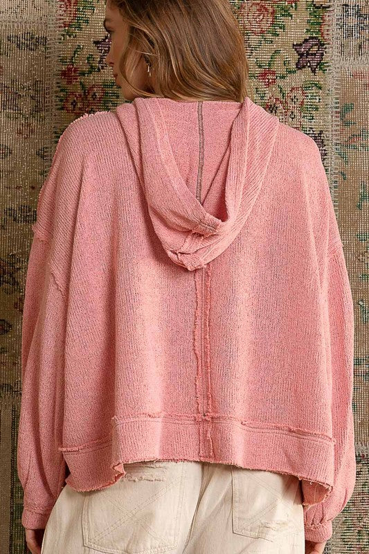 Balloon Sleeve Hooded Knit Top Rose Pink