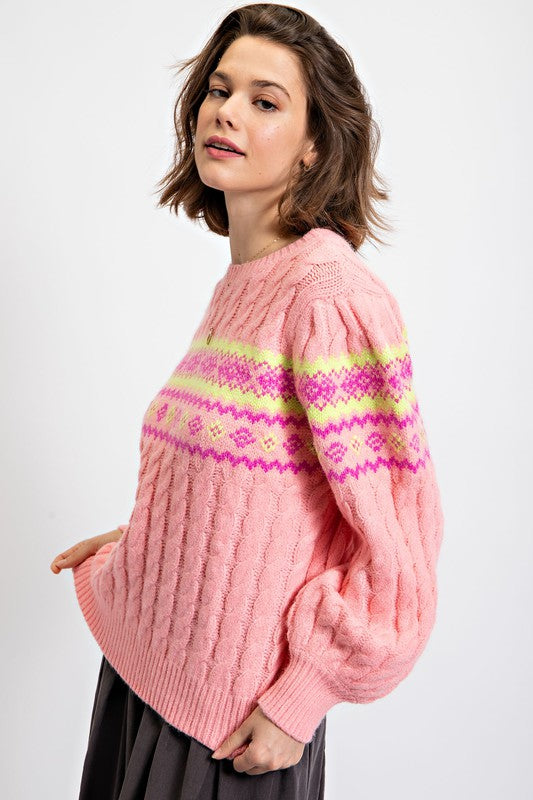 Retro Inspired Cable Knit Sweater Blush Pink