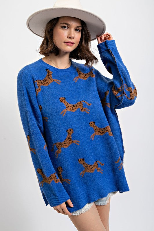 Cheetah Pattern Sweater Royal Blue