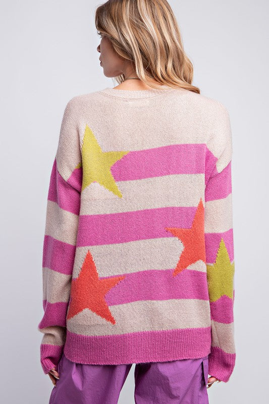 Round Neck Star Stripe Sweater Rose Combo