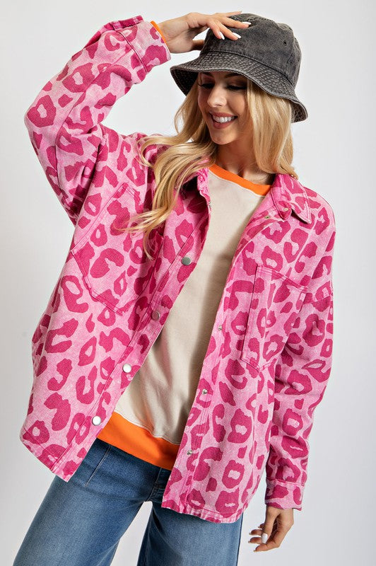 Leopard Print Washed Twill Shacket Pink