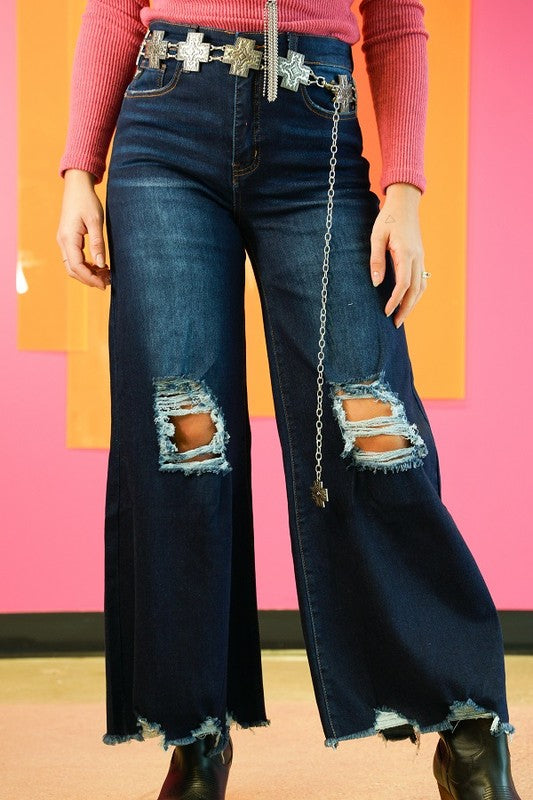 Denim Distressed Crop Flare Jeans Dark