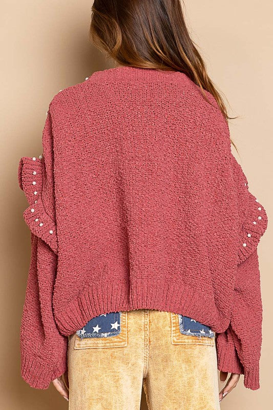 Studded Pearls Pullover Sweater Sangria Red