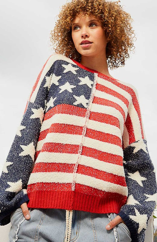 Stars Stripe Pattern Fleece Sweater Red Blue
