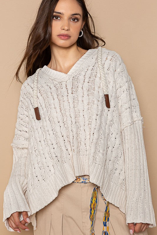Hooded Rib Weave Pullover Sweater Cream