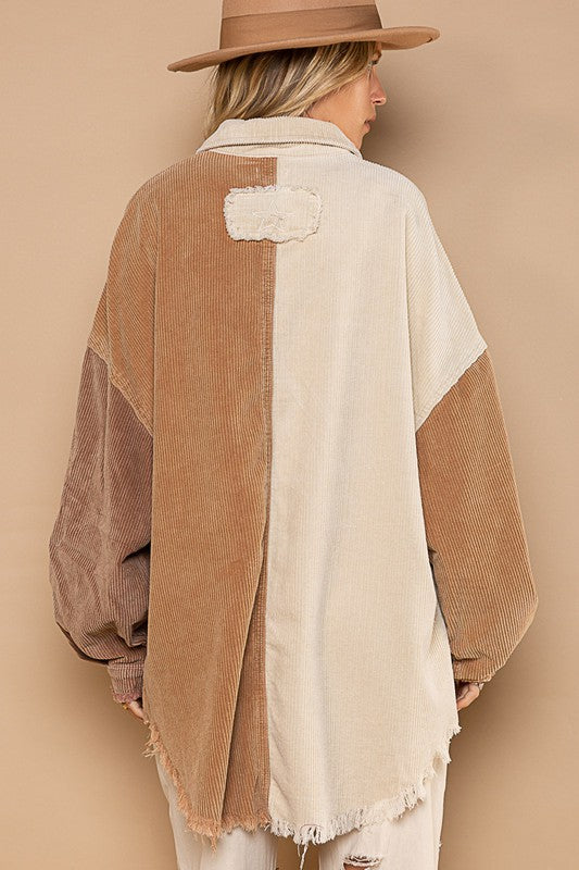 Contrast Corduroy Shacket Almond/Caramel
