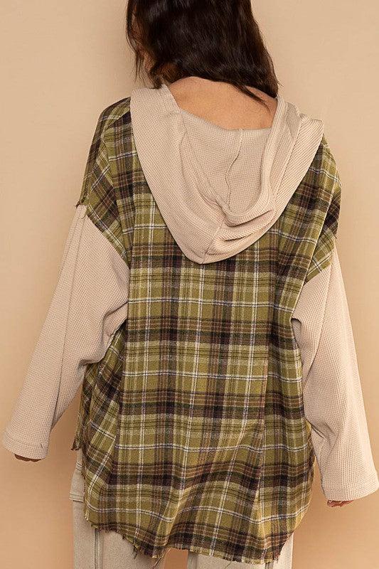 Contrast Sleeves Hooded Plaid Shirt Olive