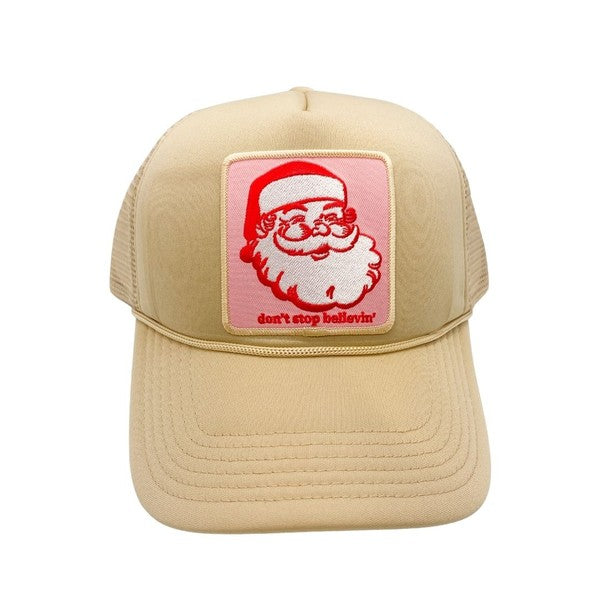 Don't Stop Believin' Christmas Trucker Hat Khaki