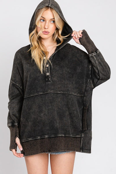 Lace Patchwork Detail Notched Mineral Wash Sweatshirt