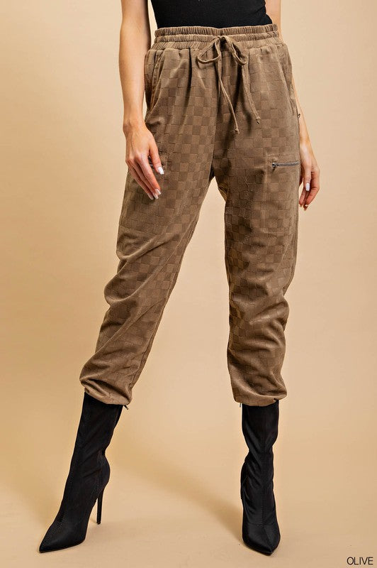 Checker Velvet Burnout Jogger Pants Olive