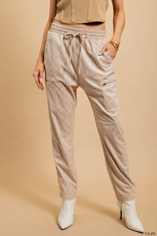 Checker Velvet Burnout Jogger Pants Taupe