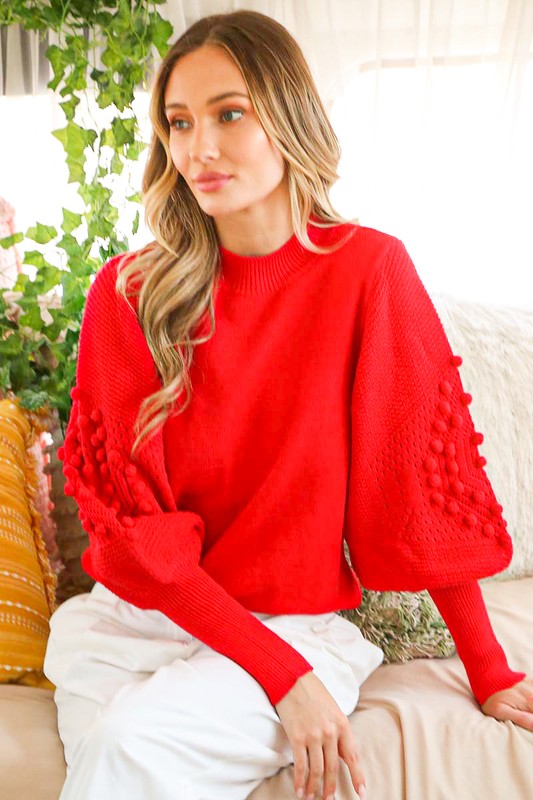 Textured Long Puff Sleeve Sweater Red