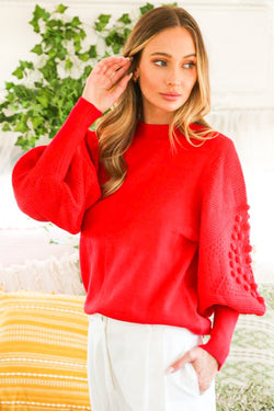 Textured Long Puff Sleeve Sweater Red