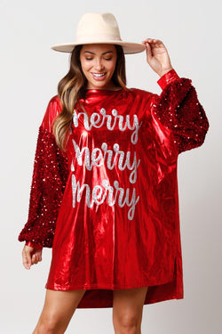 Christmas 'Merry' Sequin Foil Mini Dress Red