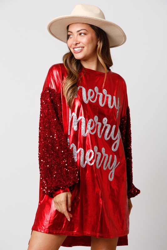 Christmas 'Merry' Sequin Foil Mini Dress Red