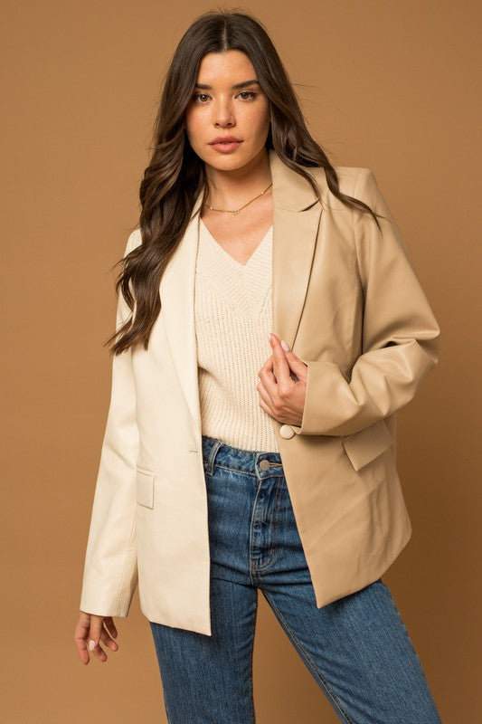 Color Block Faux Leather Blazer Off White/Taupe