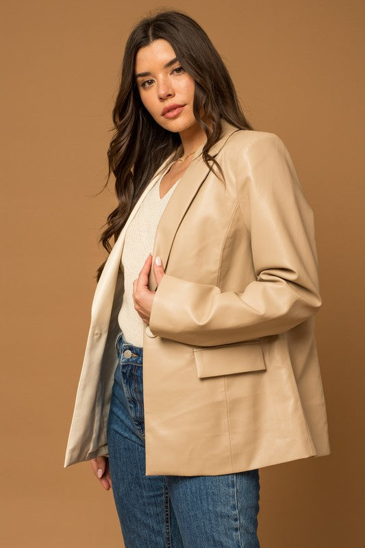 Color Block Faux Leather Blazer Off White/Taupe