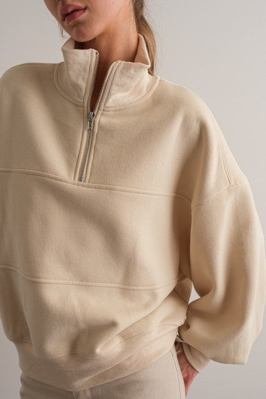 Half Zip Oversized Sweatshirt Top Cream
