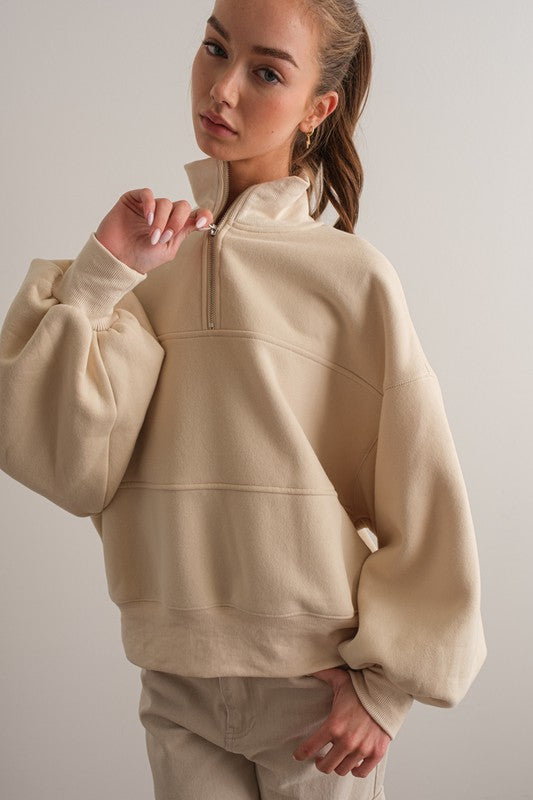 Half Zip Oversized Sweatshirt Top Cream