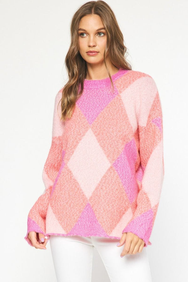 Geometric Sweater Ribbed Neck Sweater Pink