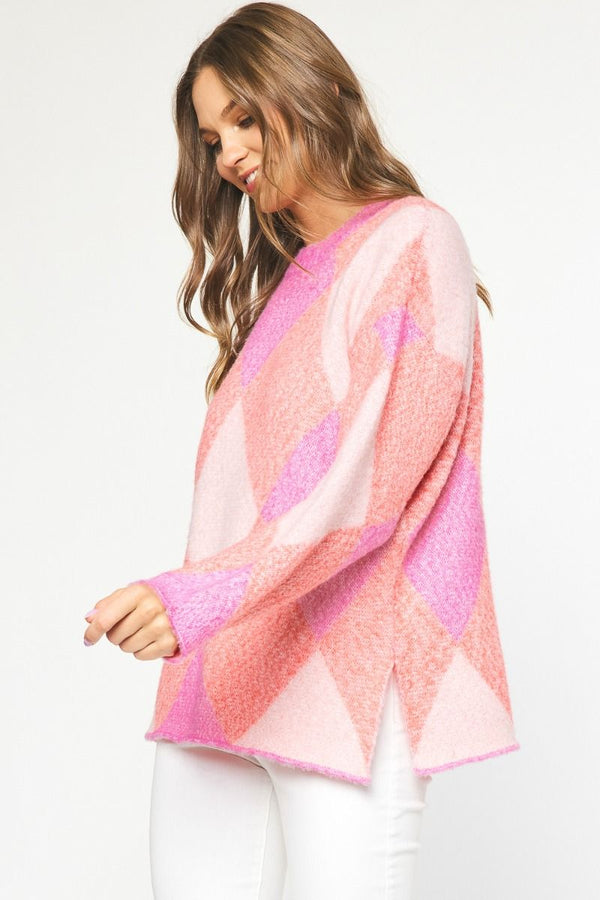 Geometric Sweater Ribbed Neck Sweater Pink