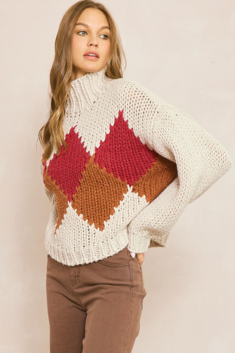Geometric High Neck Sweater Ruby Combo