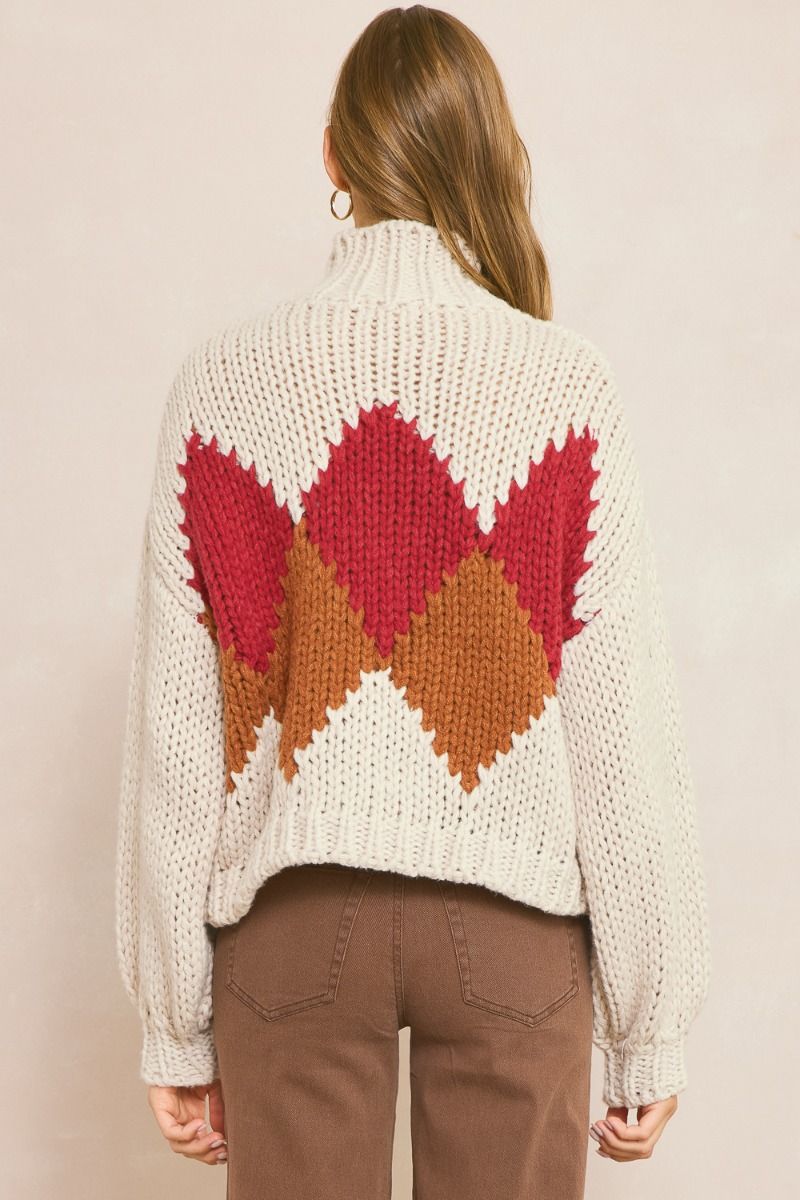 Geometric High Neck Sweater Ruby Combo