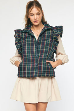 Quilted Plaid Print Vest Navy