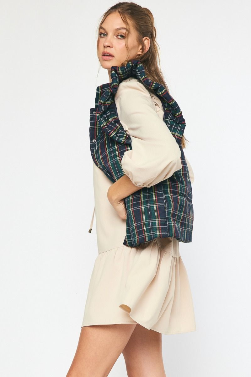 Quilted Plaid Print Vest Navy
