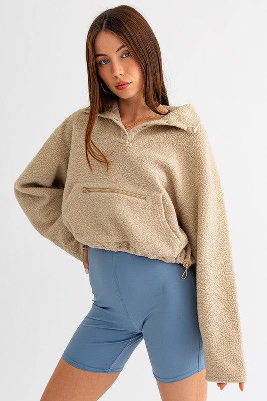 Pocket Detail Fleece Pullover Top Taupe