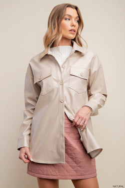 Oversized Faux Leather Shirt Natural - Southern Fashion Boutique Bliss Oversized Faux Leather Shirt Natural - Southern Fashion Boutique Bliss