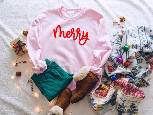 Merry Graphic Christmas Sweatshirt Pink