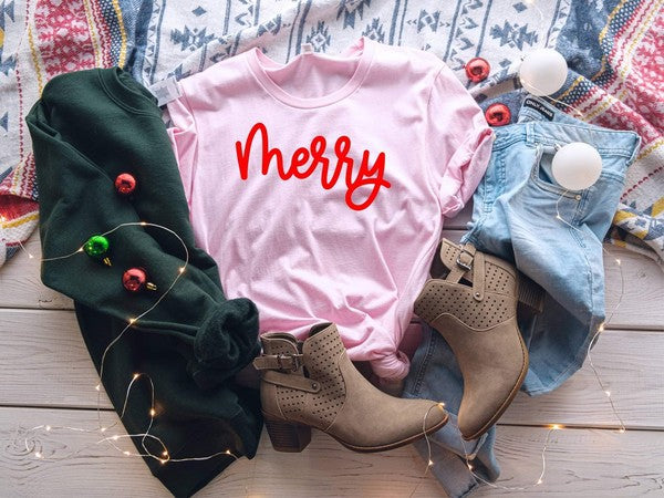 Merry Graphic Christmas Tee Pink