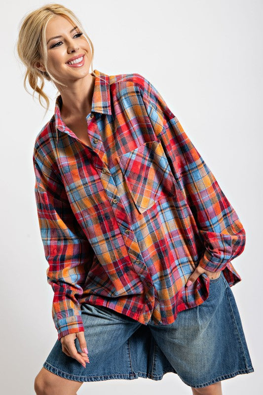 Plaid Button Down Washed Shirt Top Red Denim