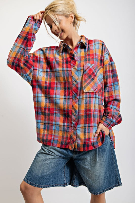 Plaid Button Down Washed Shirt Top Red Denim
