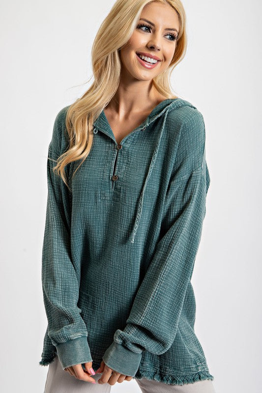Washed Cotton Gauze Pullover Hoodie Teal Blue