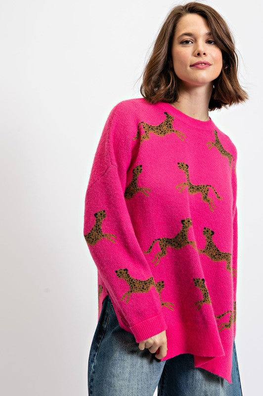 Cheetah Pattern Sweater Hot Pink