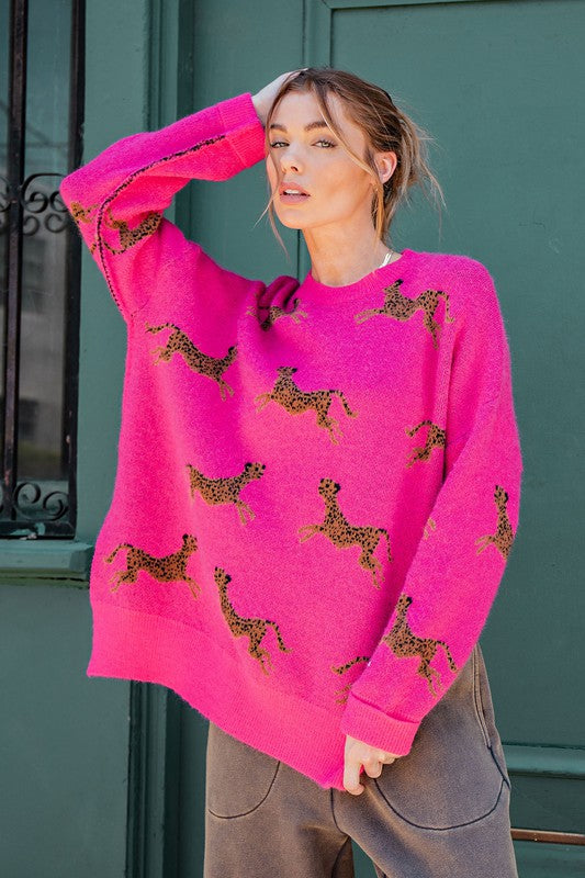 Cheetah Pattern Sweater Hot Pink