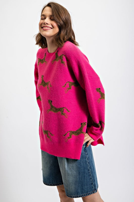 Cheetah Pattern Sweater Hot Pink