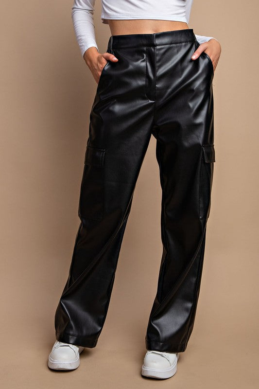 Faux Leather Cargo Pants Black