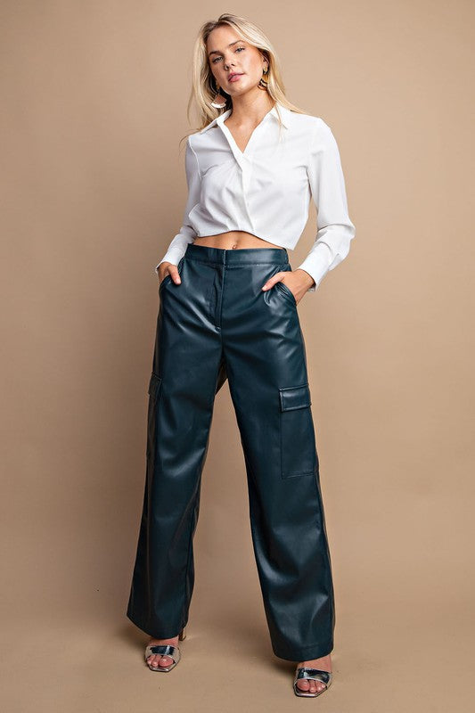 Faux Leather Cargo Pants Peacock