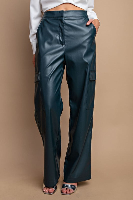 Faux Leather Cargo Pants Peacock