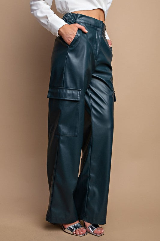 Faux Leather Cargo Pants Peacock